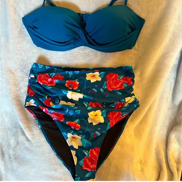 NWOT Deep Blue/Floral High Waisted Bikini - Picture 1 of 6